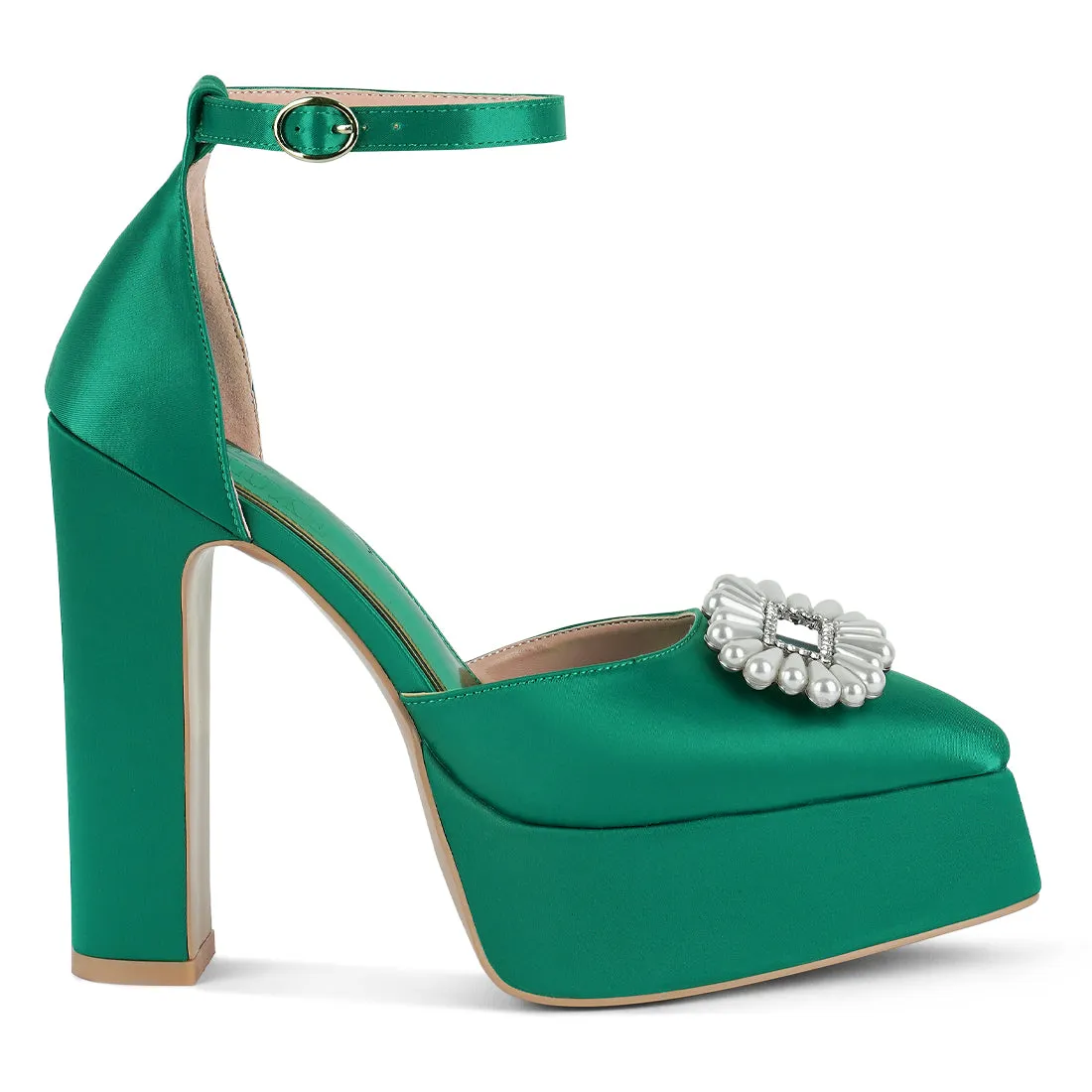 Pearls Brooch Detail Platform Block Heel Sandals