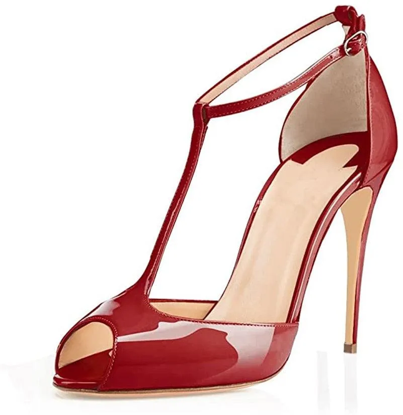 Peep Toe T-Strap Patent Leather Sandals