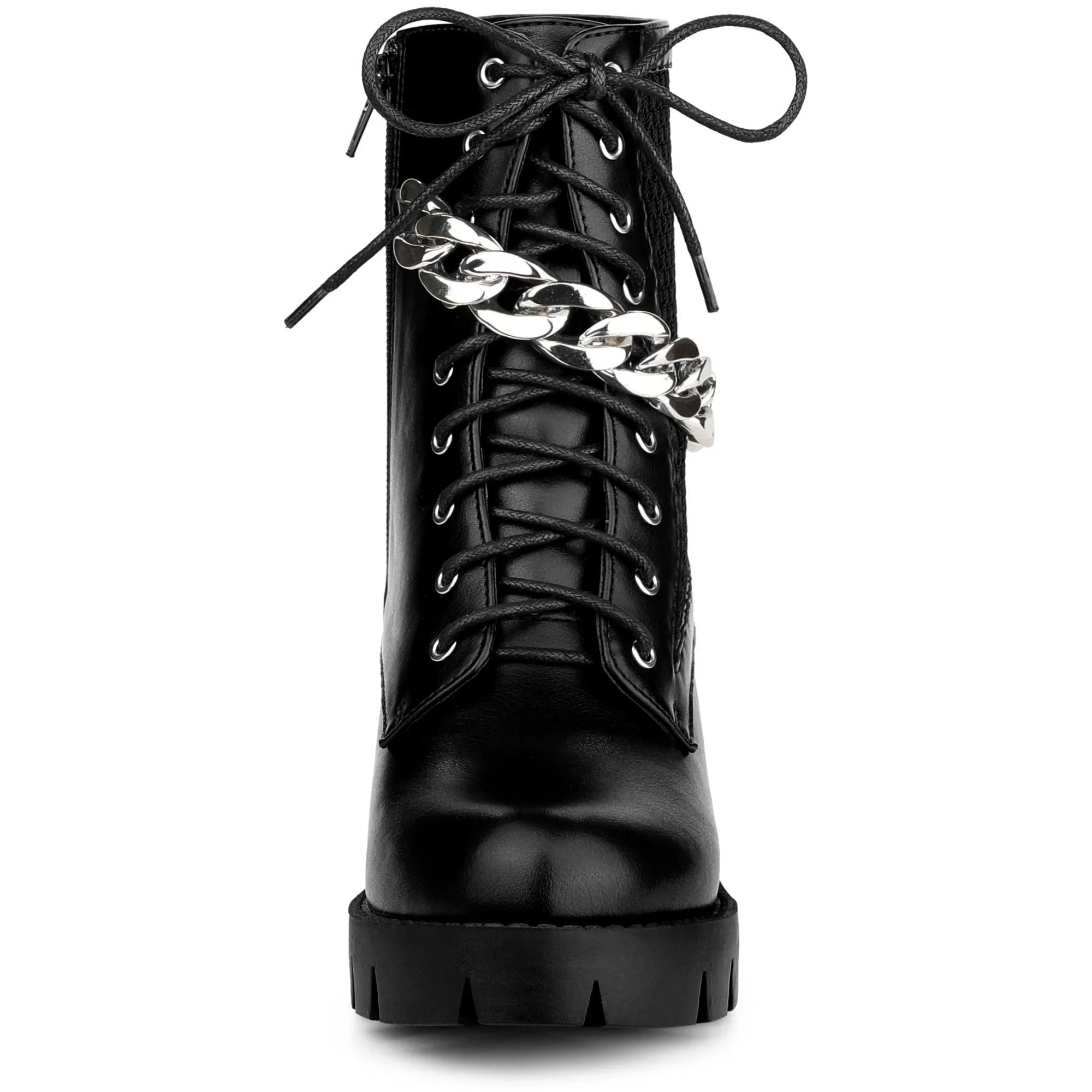 Platform Silver Chain Decor Chunky Heel Combat Boots