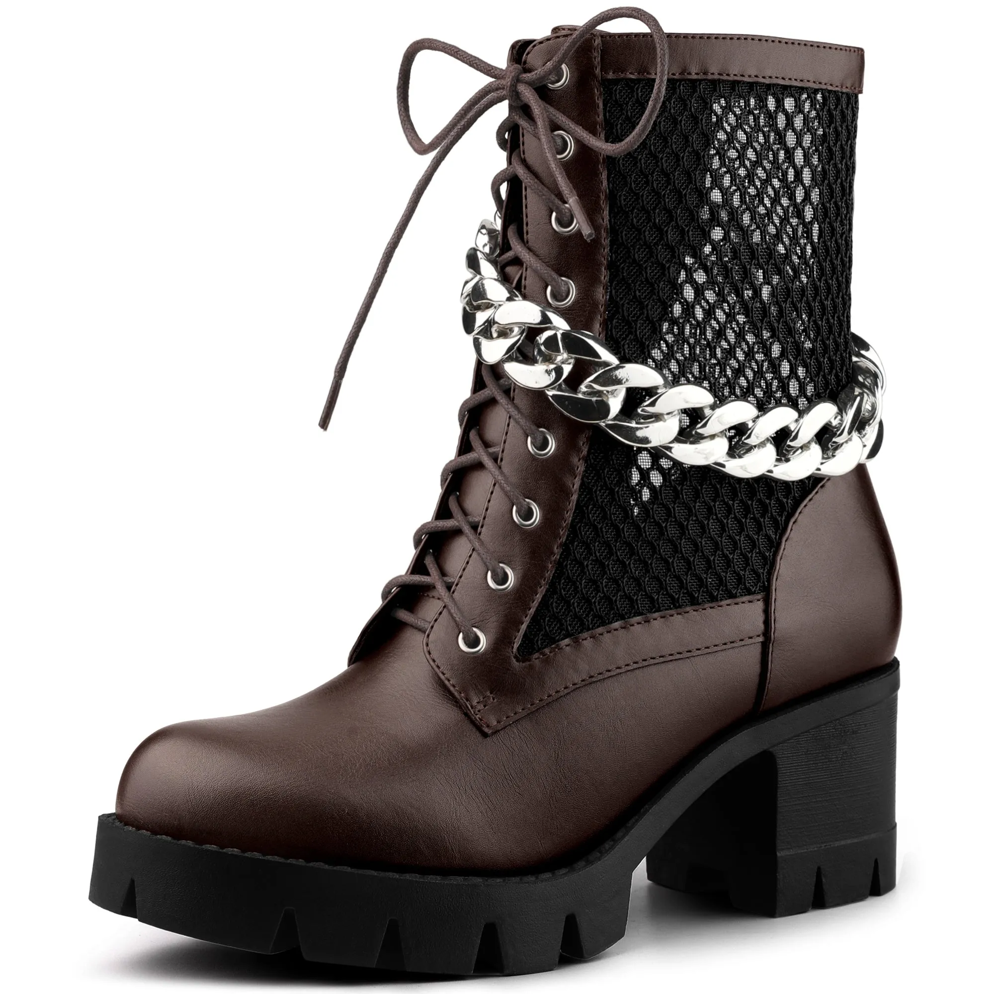 Platform Silver Chain Decor Chunky Heel Combat Boots