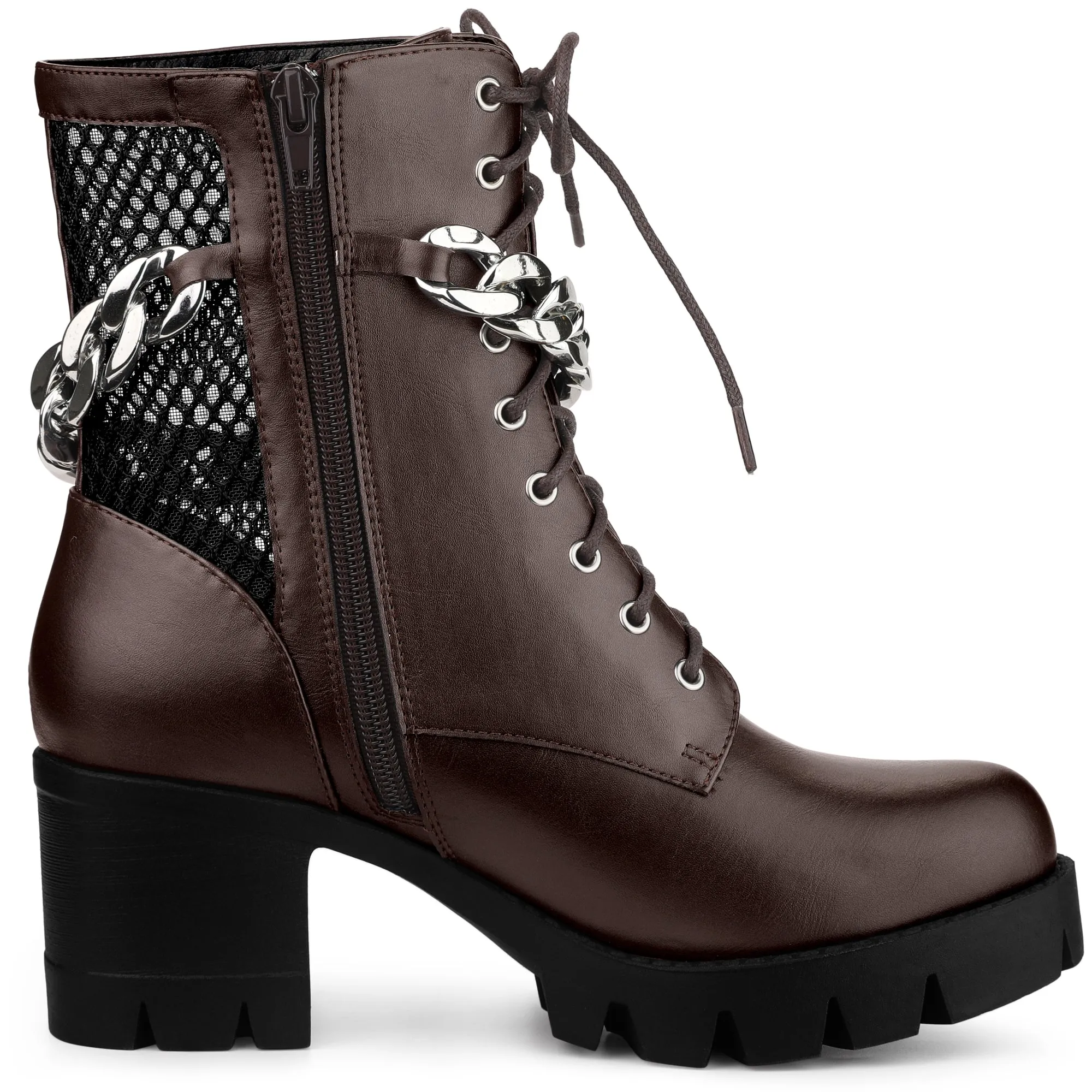Platform Silver Chain Decor Chunky Heel Combat Boots