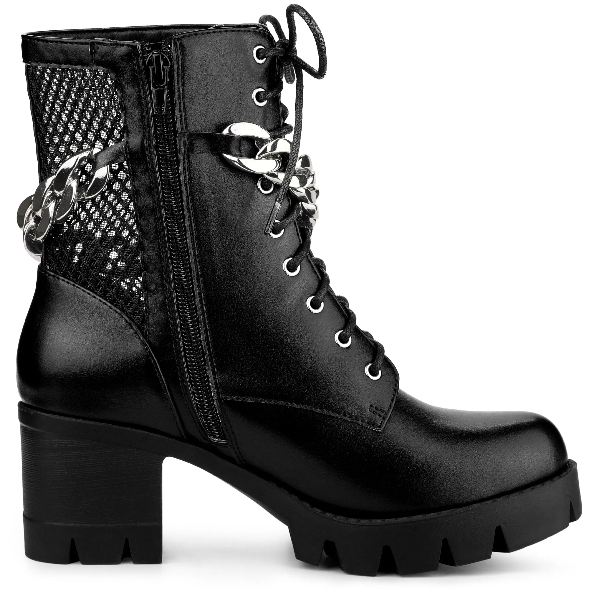Platform Silver Chain Decor Chunky Heel Combat Boots