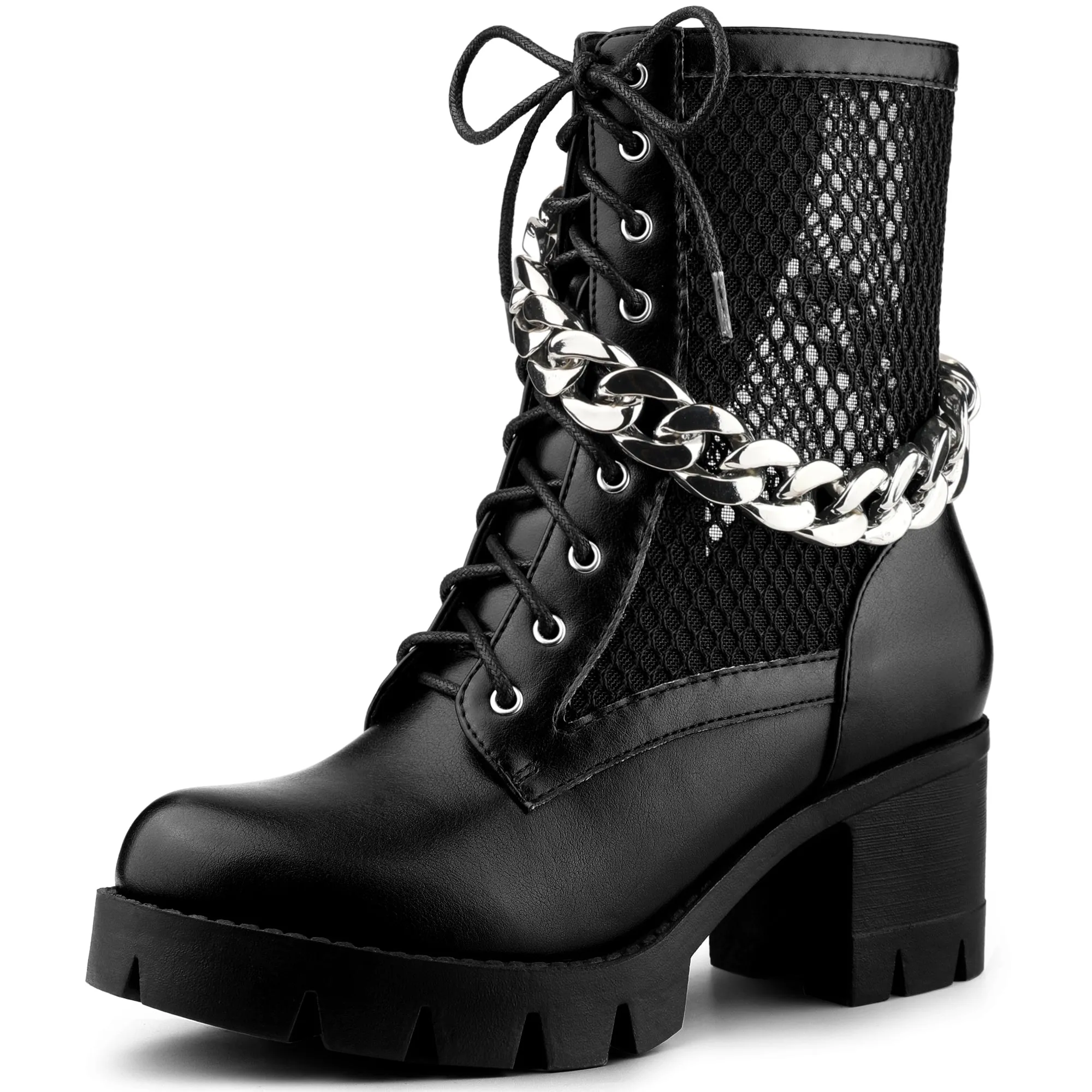 Platform Silver Chain Decor Chunky Heel Combat Boots