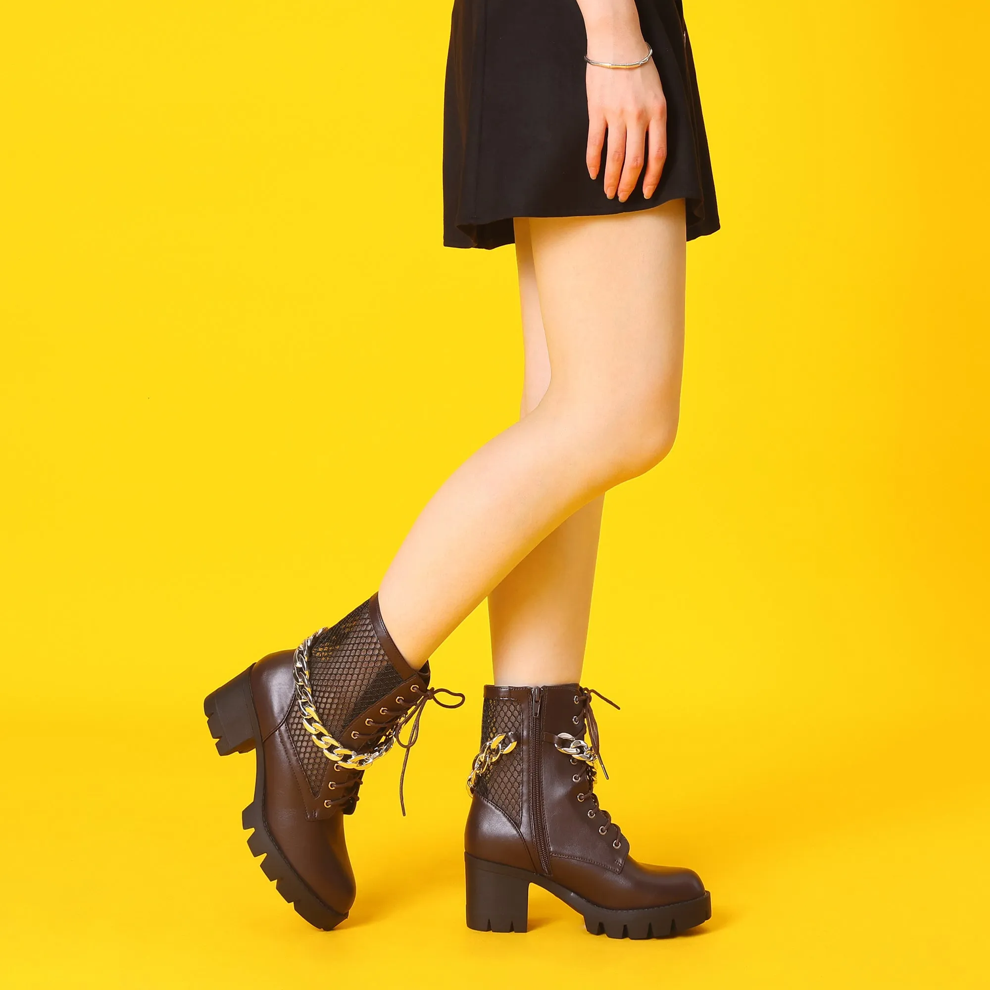 Platform Silver Chain Decor Chunky Heel Combat Boots
