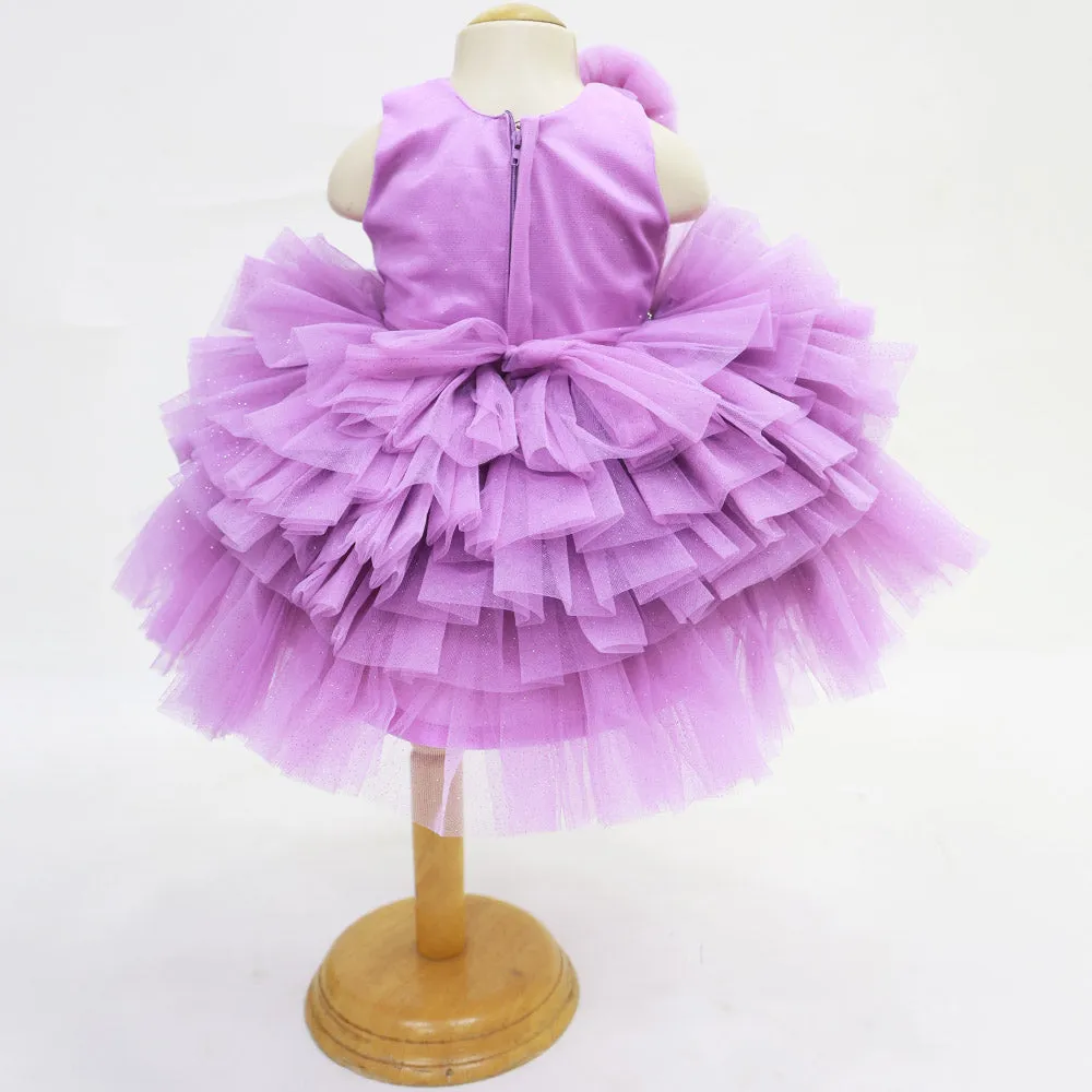 Purple & Pink Layered Net Party Dress With Detachable Tail & Headband