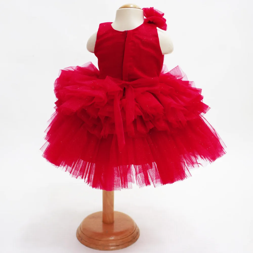 Purple & Pink Layered Net Party Dress With Detachable Tail & Headband