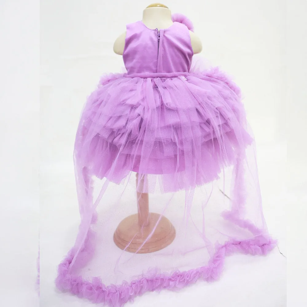 Purple & Pink Layered Net Party Dress With Detachable Tail & Headband