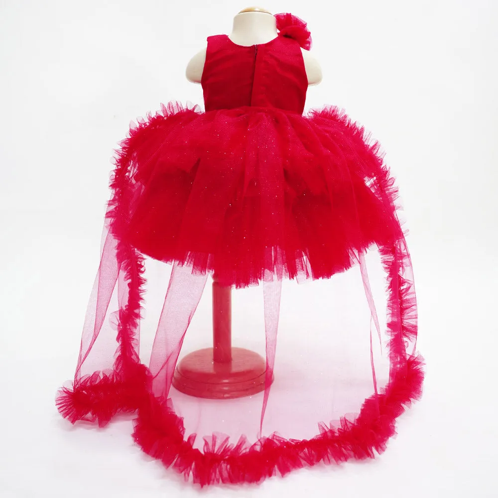 Purple & Pink Layered Net Party Dress With Detachable Tail & Headband