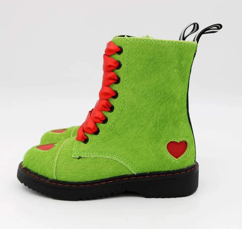 Ready to Ship! You're a  MEAN ONE Green Christmas COMBAT Boots w/ Heart!