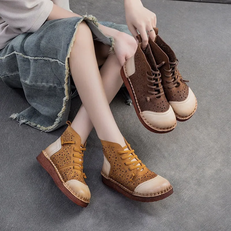 Retro Handmade Leather Summer Ankle Boots For Women in Yellow/Coffee