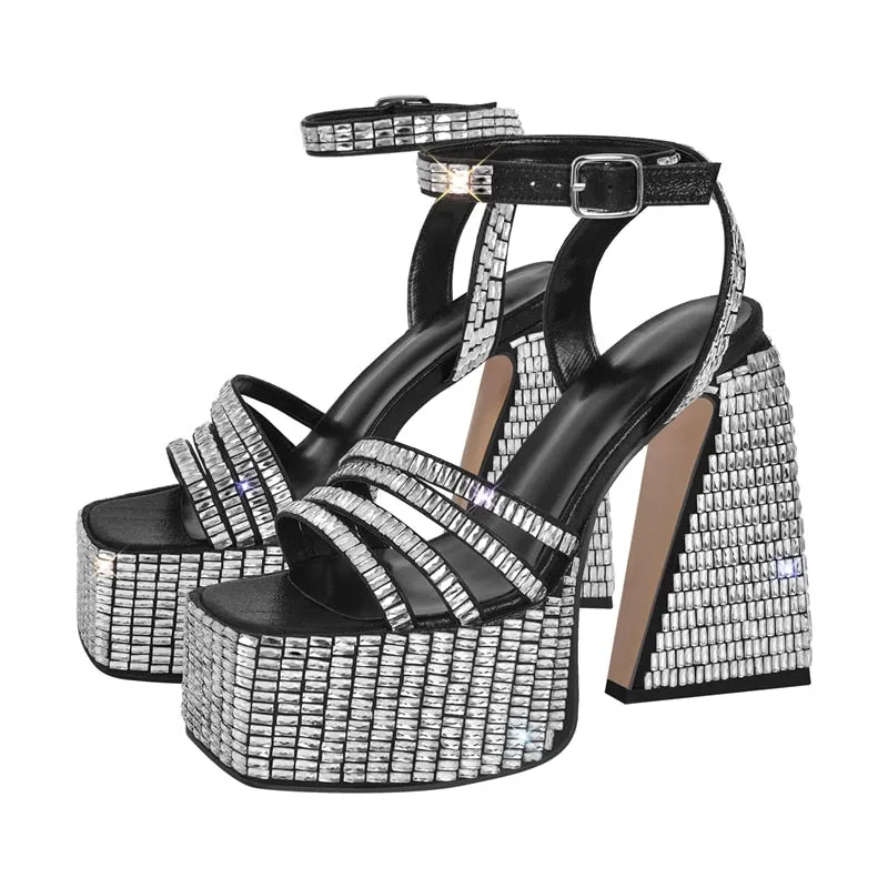 Rhinestone Platform Square Toe Chunky Heel Sandals
