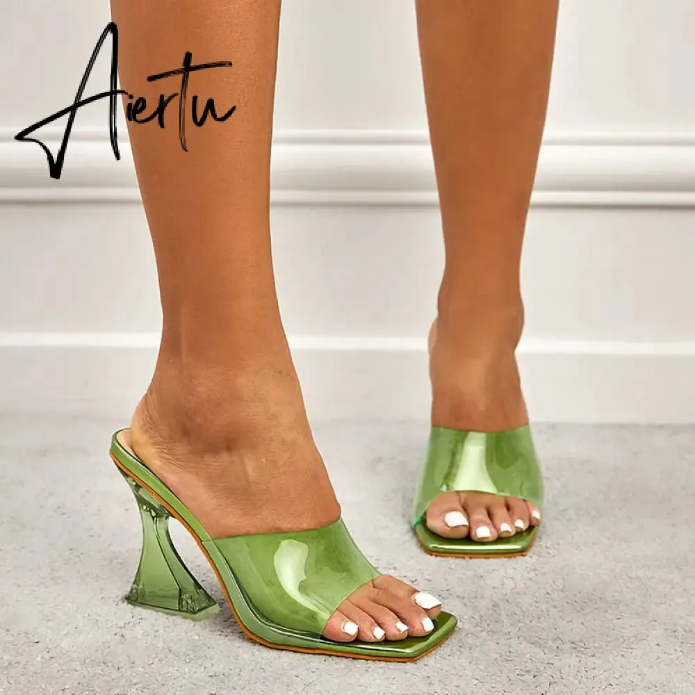 Summer Women Slippers Fashion Sexy Square Head PVC Transparent  Heel High Heels Temperament Party Shoes