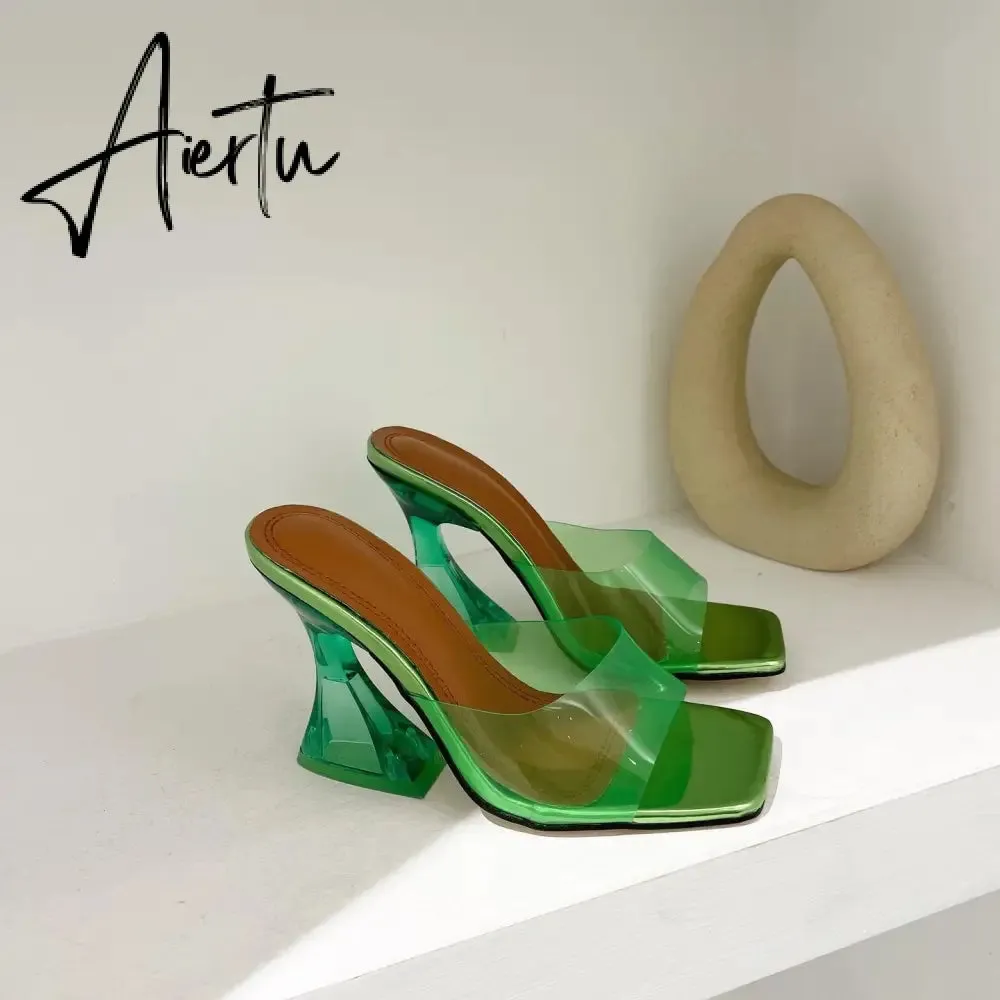 Summer Women Slippers Fashion Sexy Square Head PVC Transparent  Heel High Heels Temperament Party Shoes