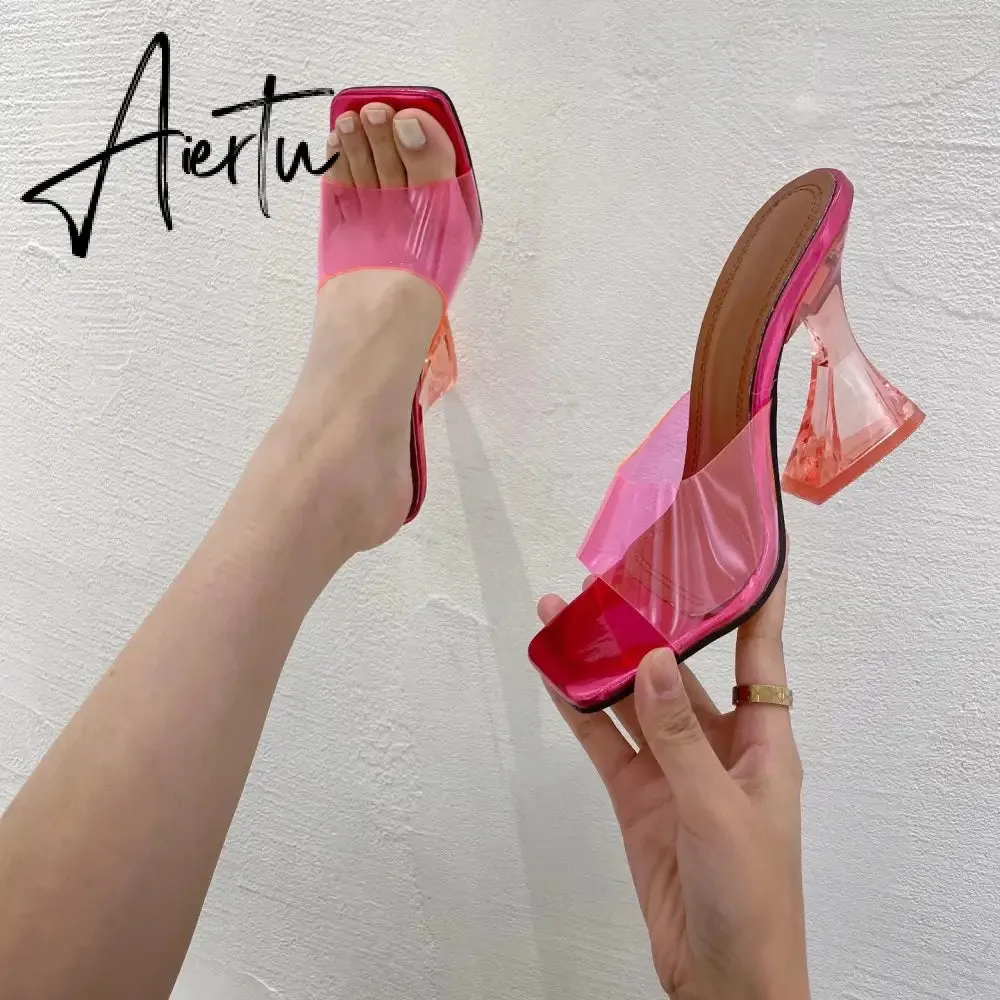Summer Women Slippers Fashion Sexy Square Head PVC Transparent  Heel High Heels Temperament Party Shoes