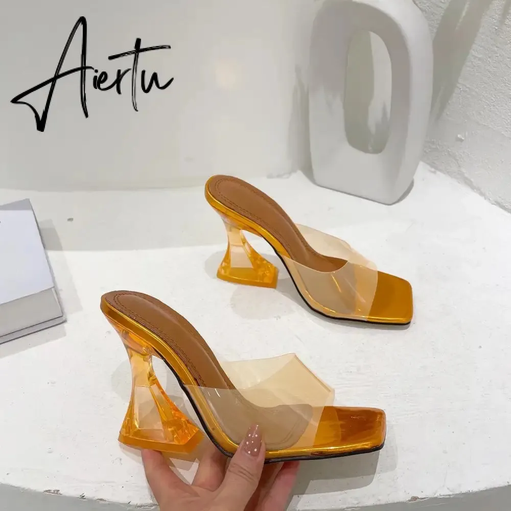 Summer Women Slippers Fashion Sexy Square Head PVC Transparent  Heel High Heels Temperament Party Shoes