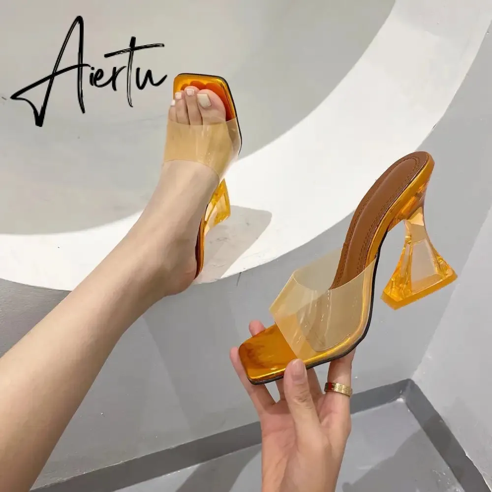 Summer Women Slippers Fashion Sexy Square Head PVC Transparent  Heel High Heels Temperament Party Shoes