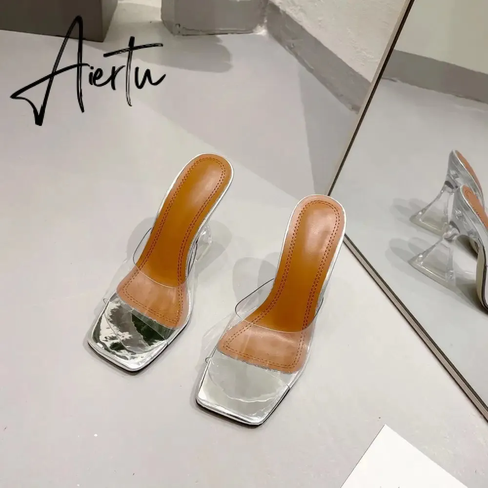 Summer Women Slippers Fashion Sexy Square Head PVC Transparent  Heel High Heels Temperament Party Shoes
