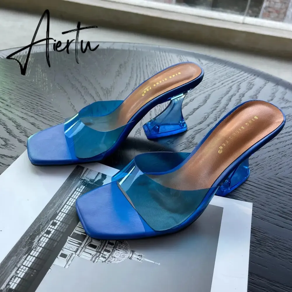 Summer Women Slippers Fashion Sexy Square Head PVC Transparent  Heel High Heels Temperament Party Shoes