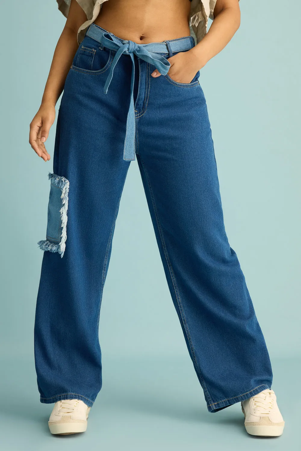 Tattered Patch Straight Cut Jeans