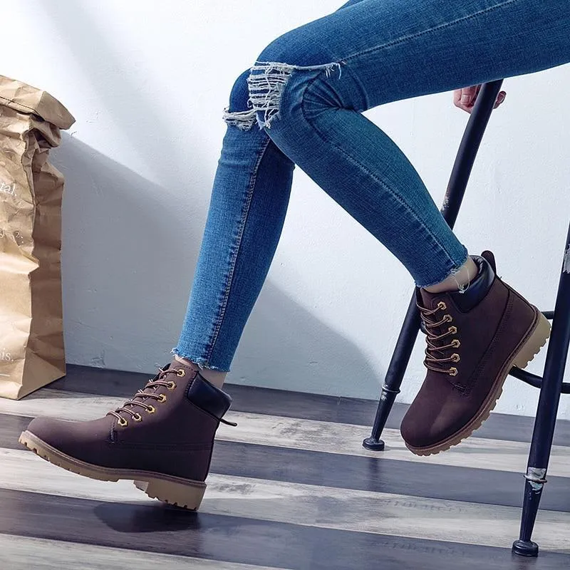 Women's combat boots lace-up ankle boots low heel casual short boots