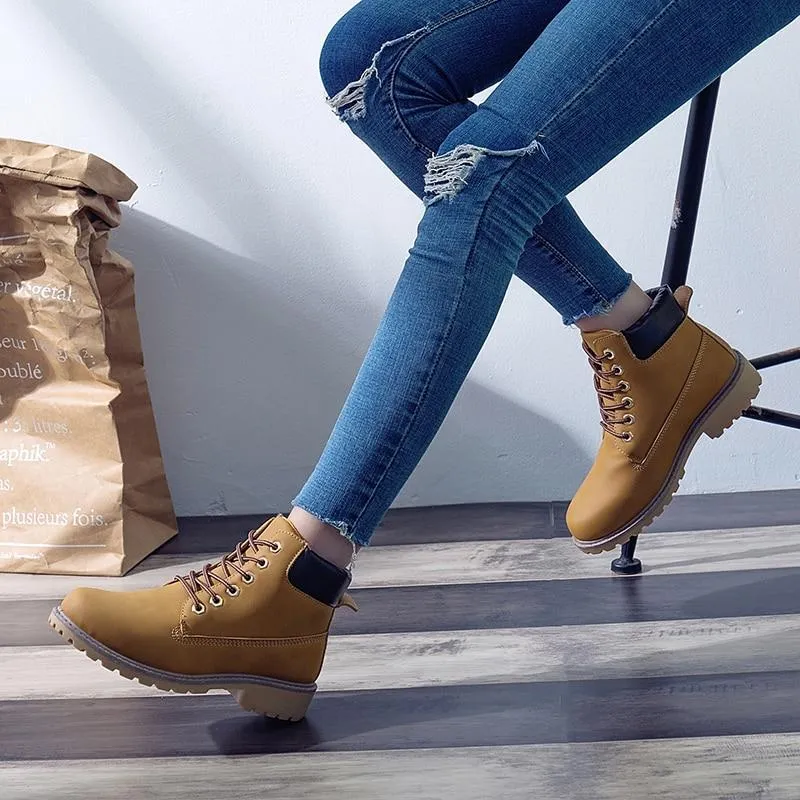 Women's combat boots lace-up ankle boots low heel casual short boots