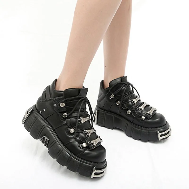 Women's Punk Style Leather Shoes Lace-up Heel Height 6cm Platform