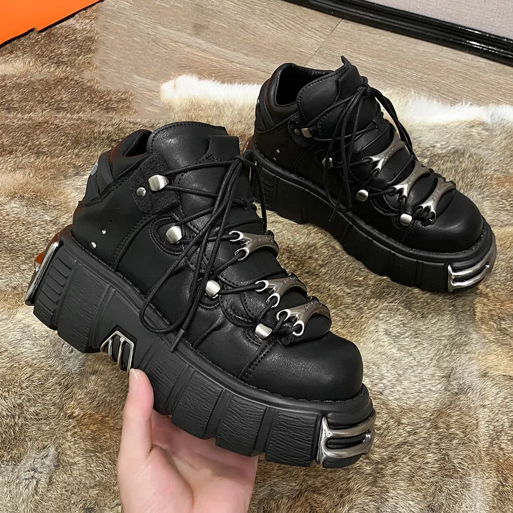 Women's Punk Style Leather Shoes Lace-up Heel Height 6cm Platform