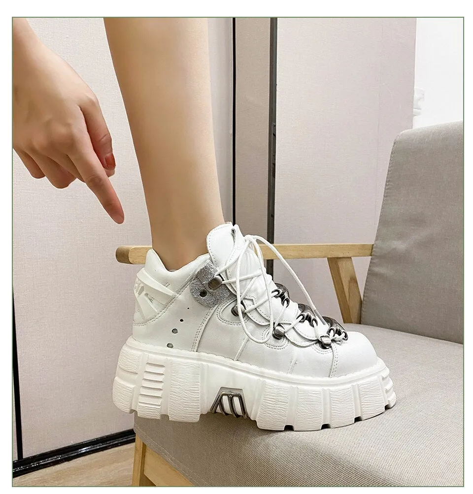 Women's Punk Style Leather Shoes Lace-up Heel Height 6cm Platform