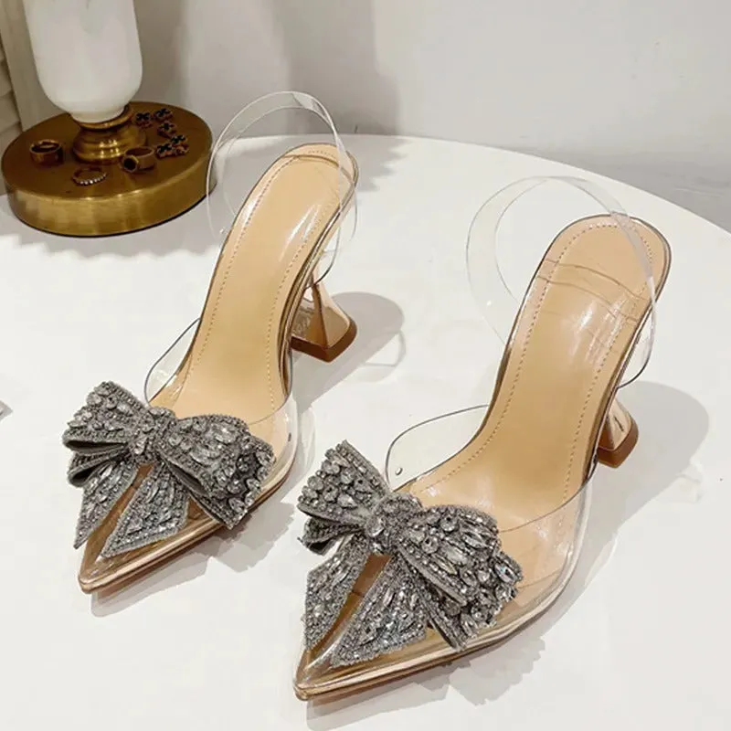 Women's Rhinestone Embellished Bowknot Decor Clear Heeled Sandals