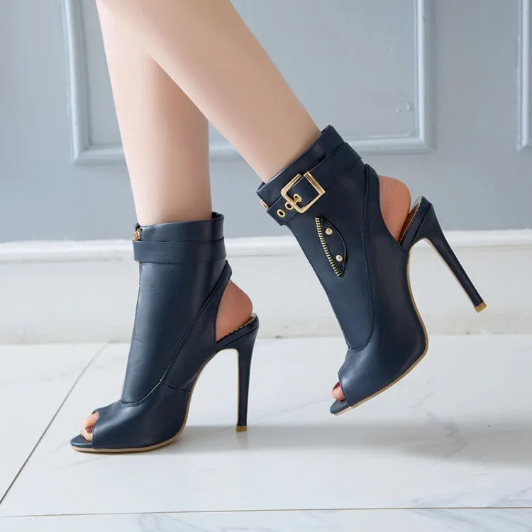 Women's Solid Color Peep Toe Zipper Buckle Stiletto High Heel Sandals