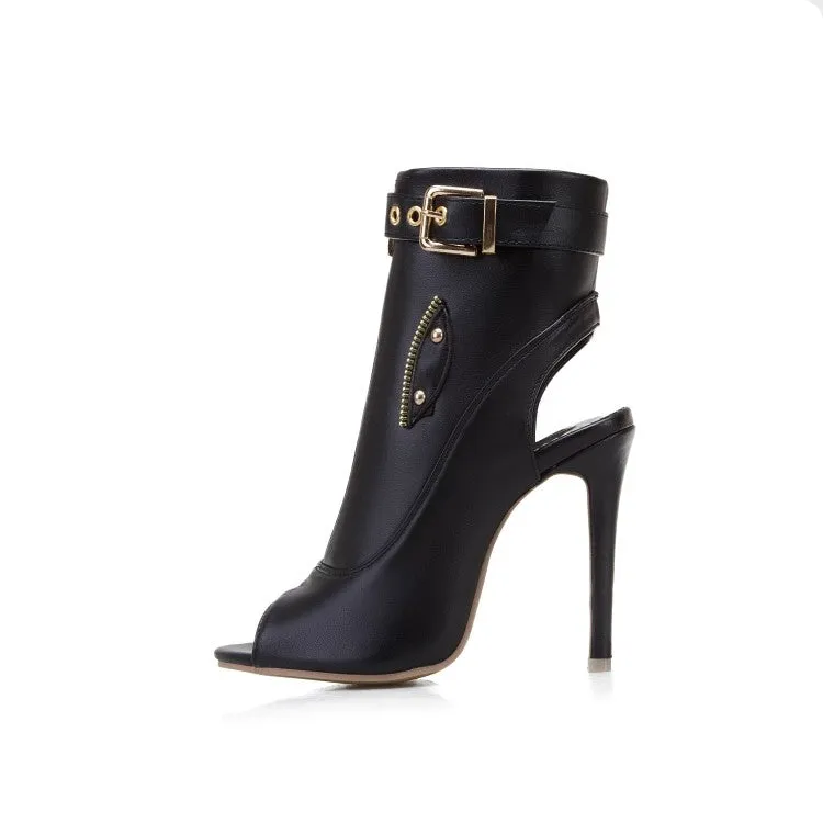 Women's Solid Color Peep Toe Zipper Buckle Stiletto High Heel Sandals