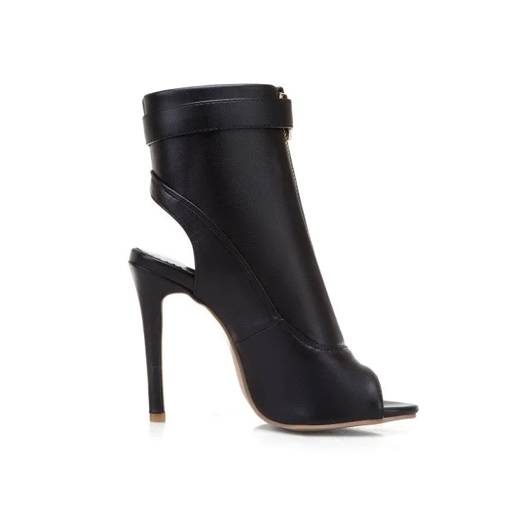 Women's Solid Color Peep Toe Zipper Buckle Stiletto High Heel Sandals