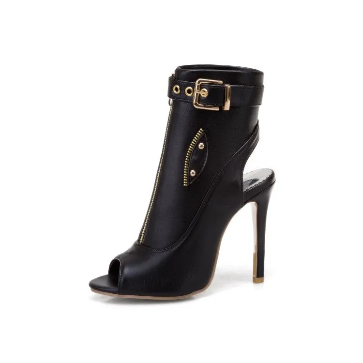 Women's Solid Color Peep Toe Zipper Buckle Stiletto High Heel Sandals