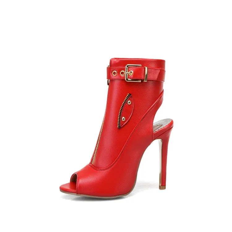 Women's Solid Color Peep Toe Zipper Buckle Stiletto High Heel Sandals